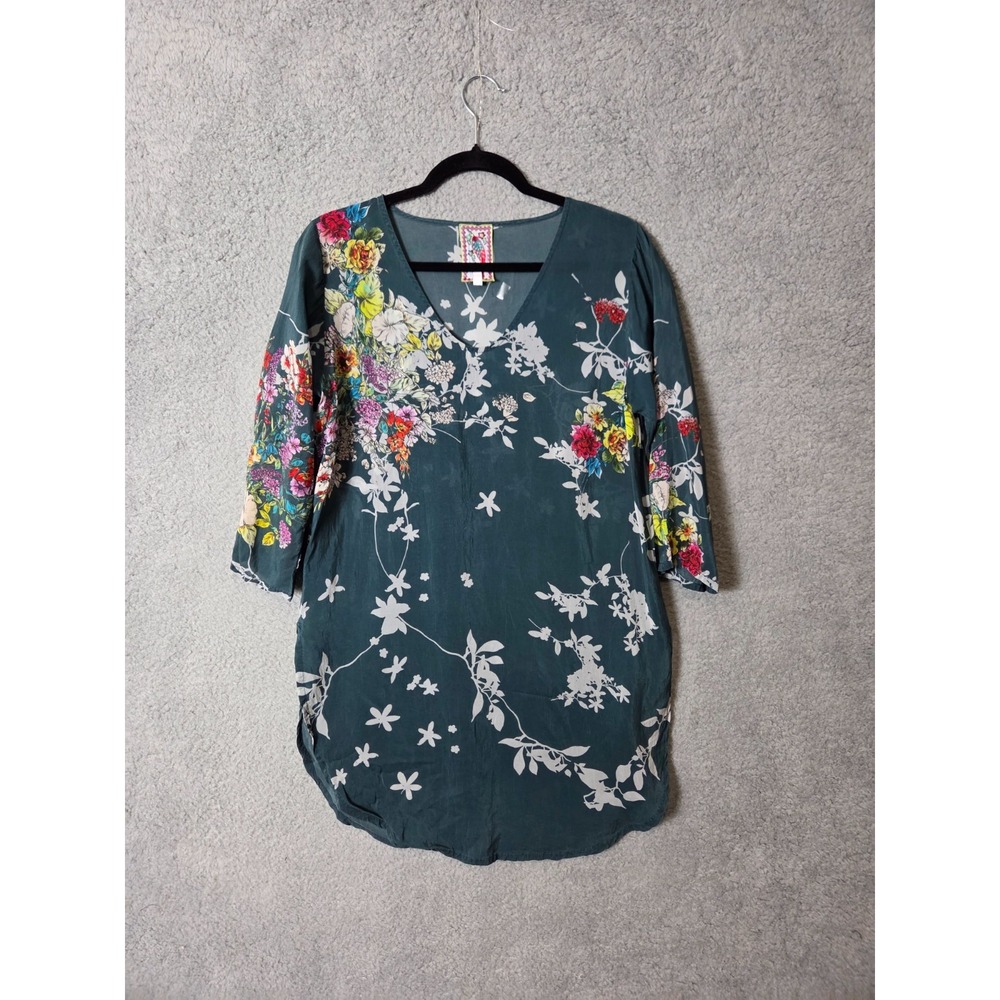 Johnny Was Teal Floral Cupra Rayon V-Neck Tunic Top XS Boho Hippie Chic